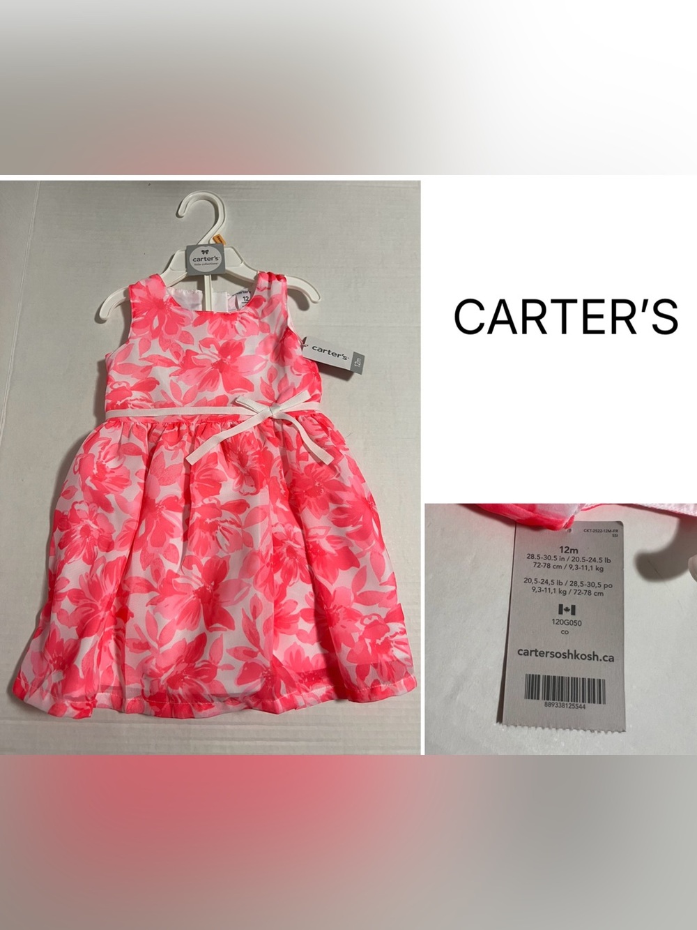 🆕CARTER’S - 12M - NWT - INFANT GIRLS CORAL PINK FLORAL CHIFFON DRESS